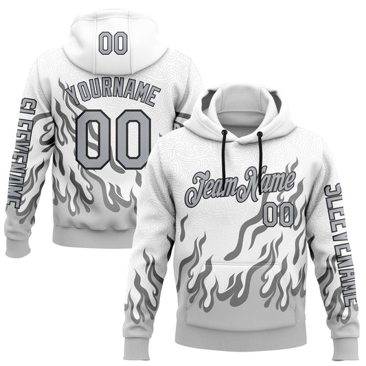 Custom White Gray-Black 3D Abstract Flame Sports Pullover Sweatshirt Hoodie - Main View