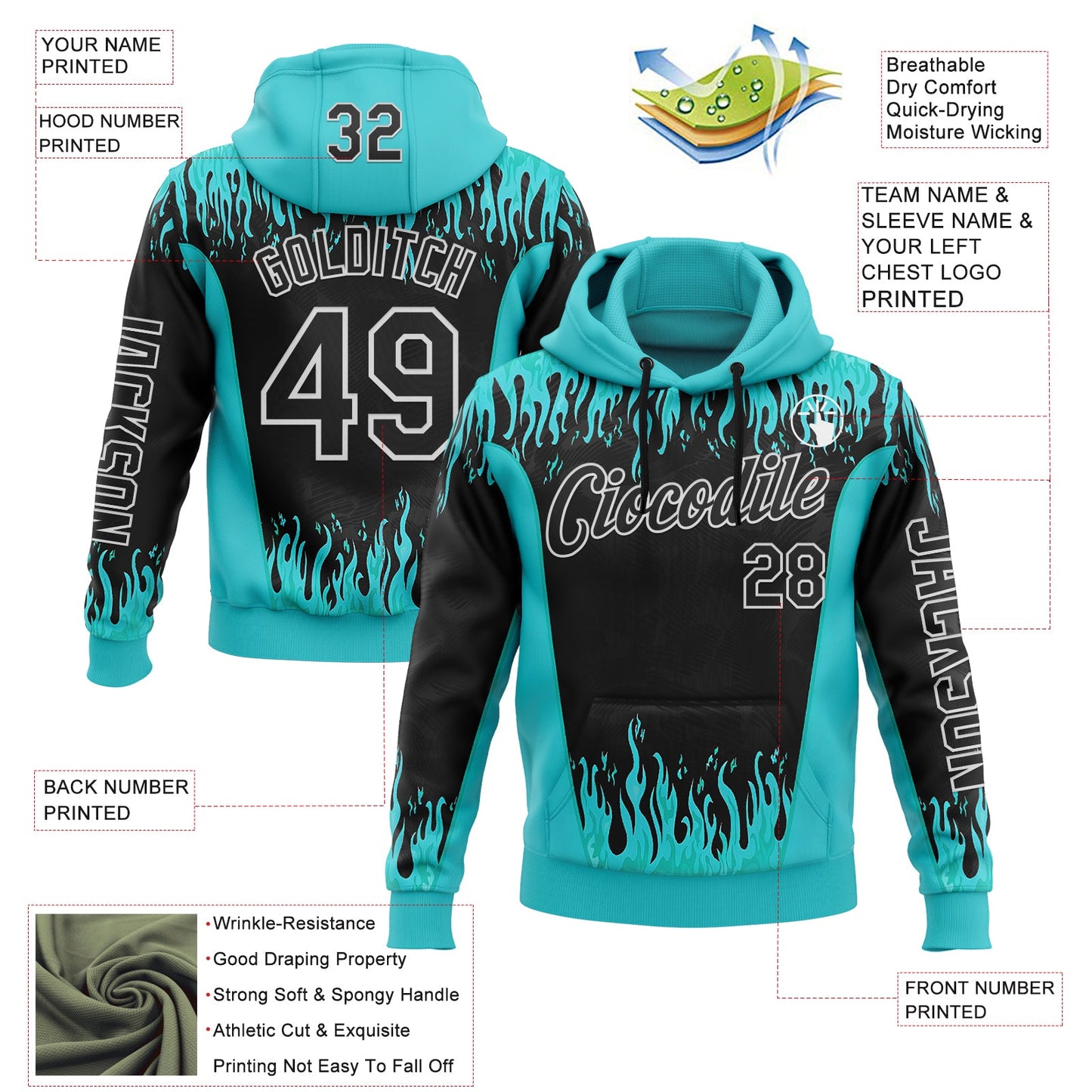 Custom Blue Black-White 3D Abstract Flame Sports Pullover Sweatshirt Hoodie view 2