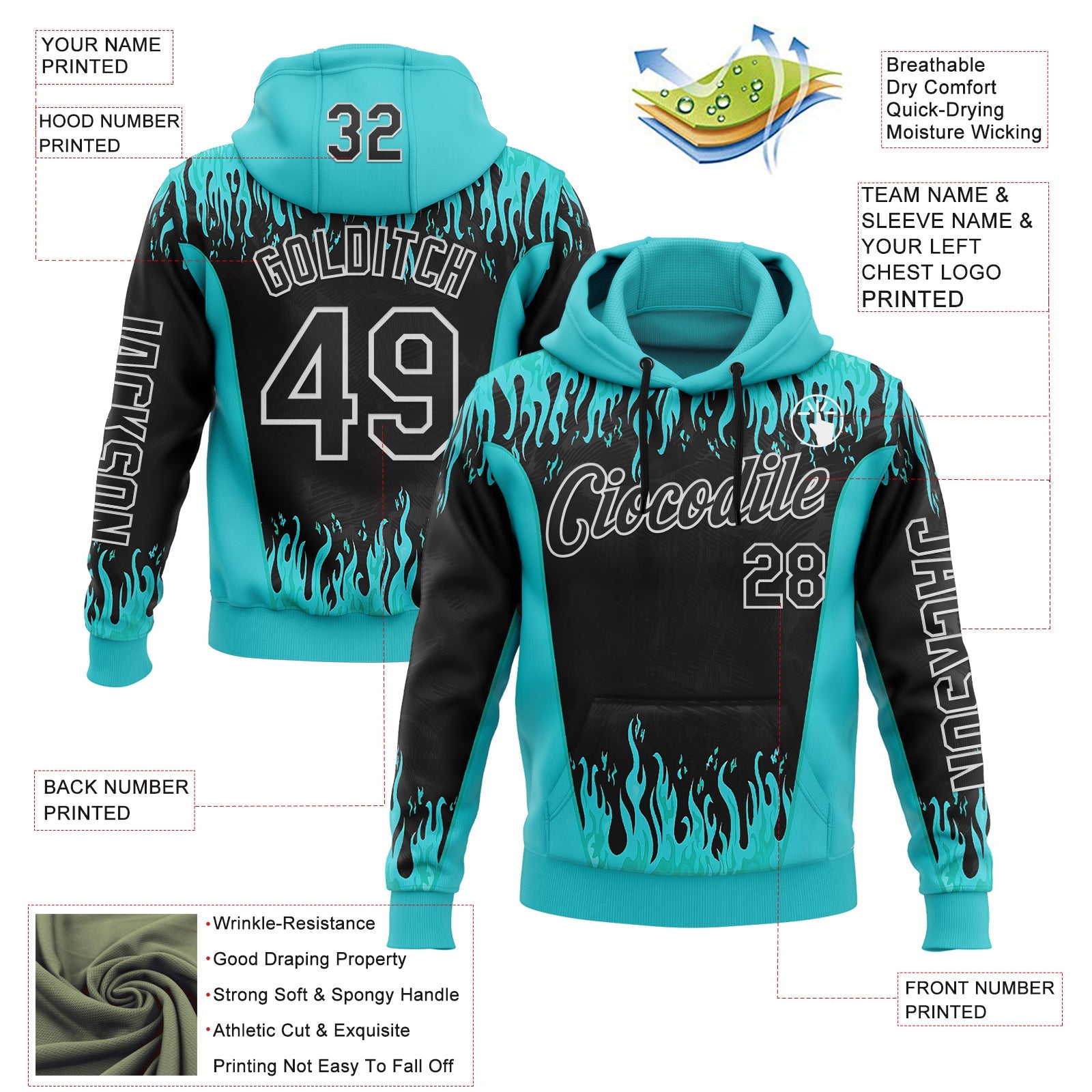 Custom Blue Black-White 3D Abstract Flame Sports Pullover Sweatshirt Hoodie view 2