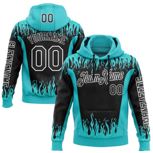 Custom Blue Black-White 3D Abstract Flame Sports Pullover Sweatshirt Hoodie - Main View