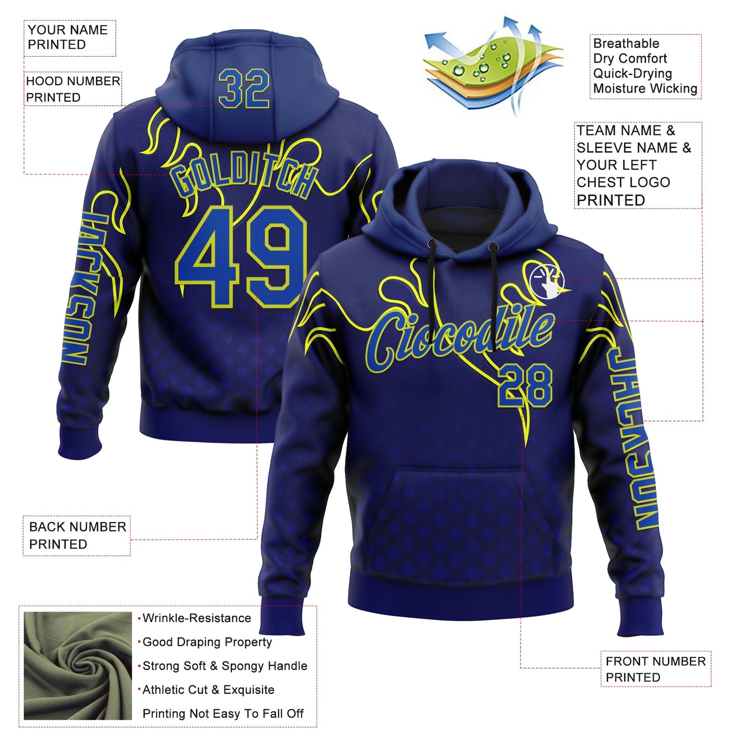 Custom Royal Thunder Blue-Yellow 3D Abstract Flame Sports Pullover Sweatshirt Hoodie view 2