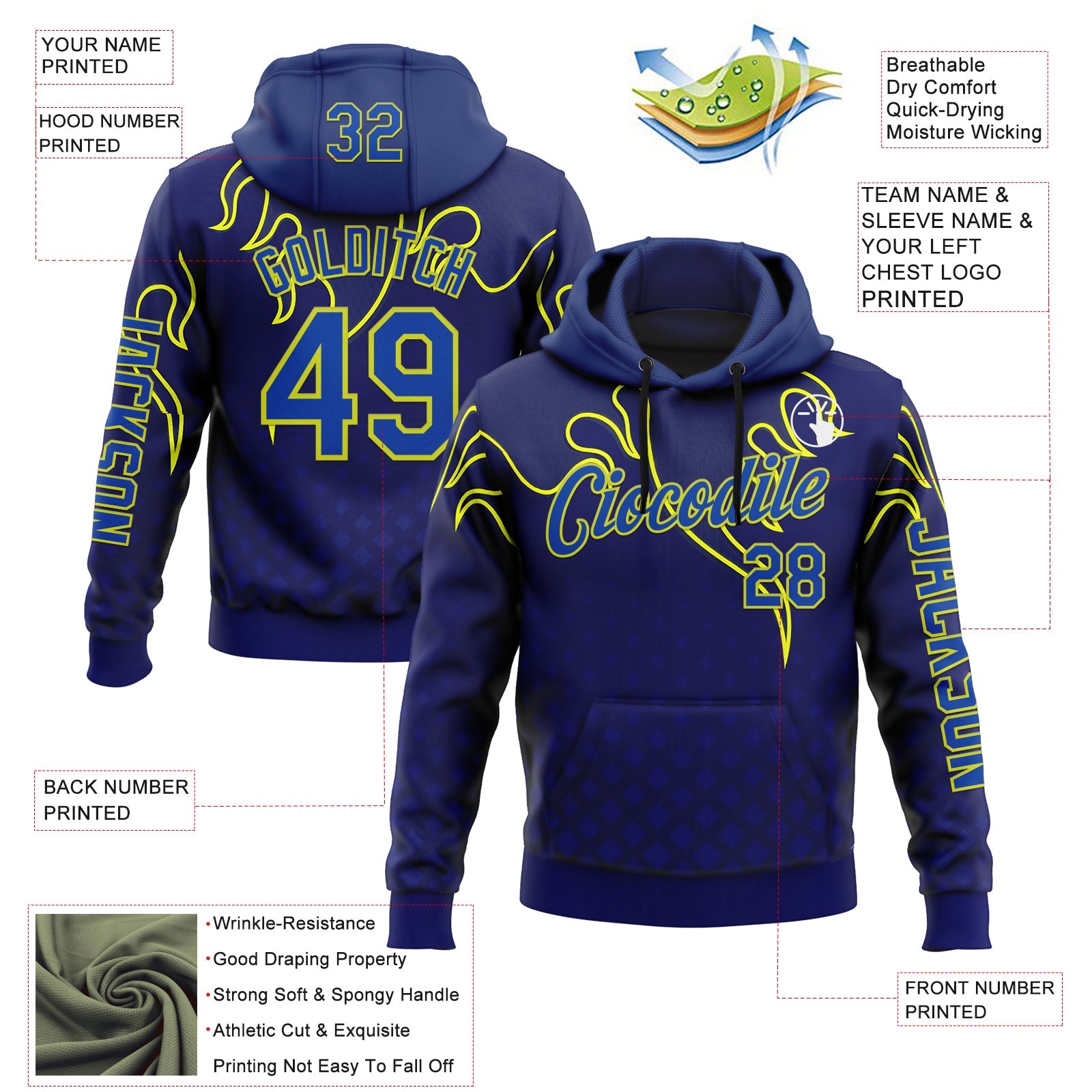 Custom Royal Thunder Blue-Yellow 3D Abstract Flame Sports Pullover Sweatshirt Hoodie view 2