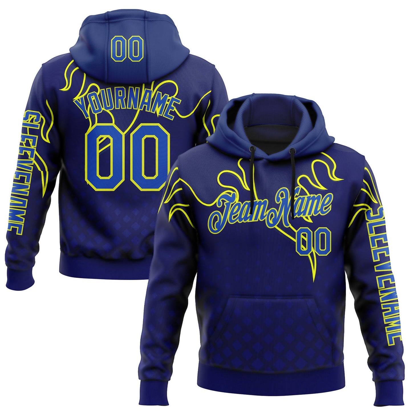 Custom Royal Thunder Blue-Yellow 3D Abstract Flame Sports Pullover Sweatshirt Hoodie - Main View