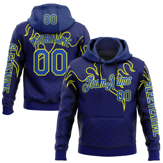 Custom Royal Thunder Blue-Yellow 3D Abstract Flame Sports Pullover Sweatshirt Hoodie - Main View