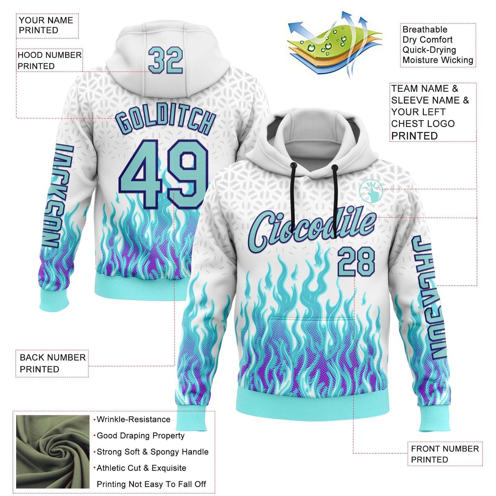 Custom White Ice Blue-Dark Purple 3D Abstract Flame Sports Pullover Sweatshirt Hoodie view 2