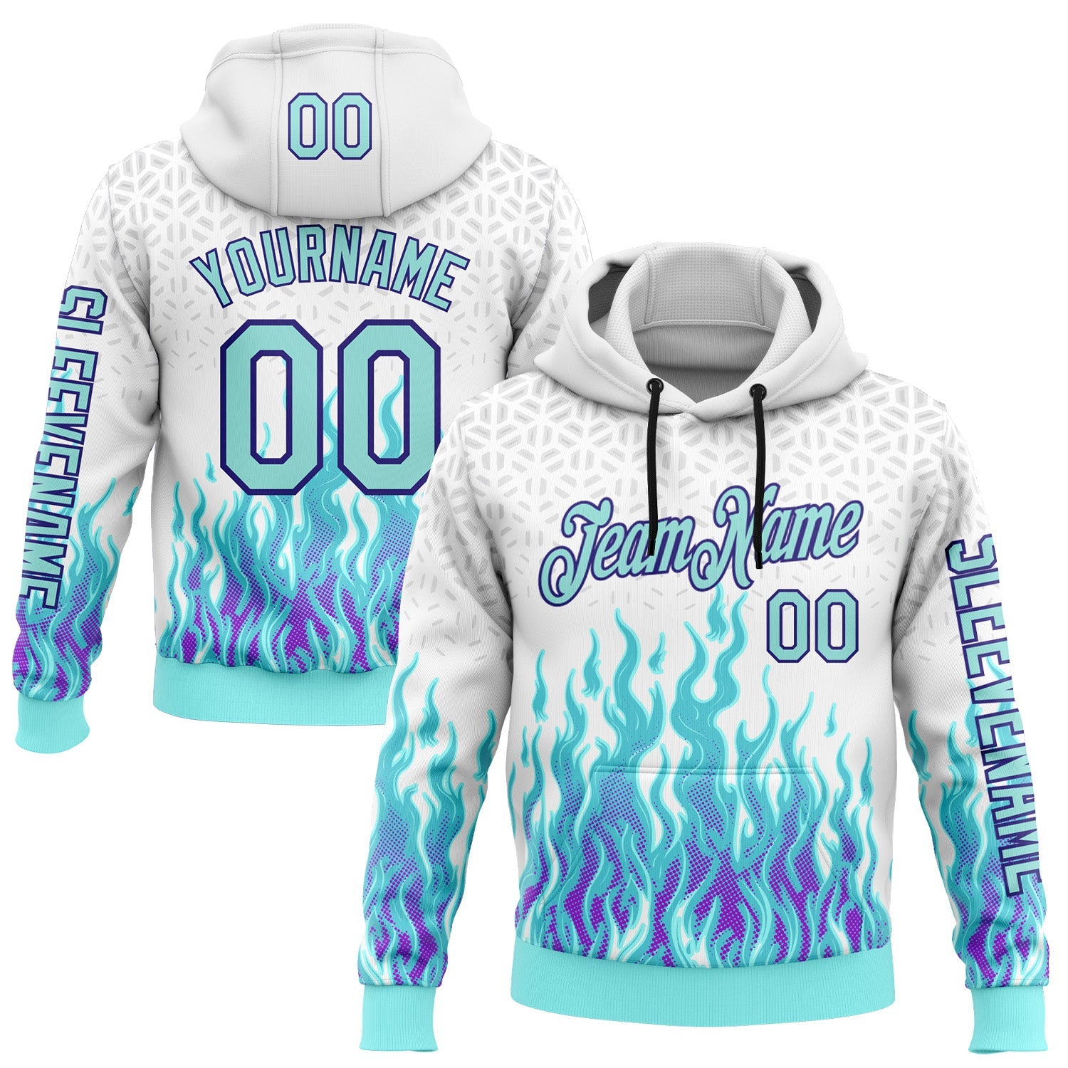 Custom White Ice Blue-Dark Purple 3D Abstract Flame Sports Pullover Sweatshirt Hoodie - Main View