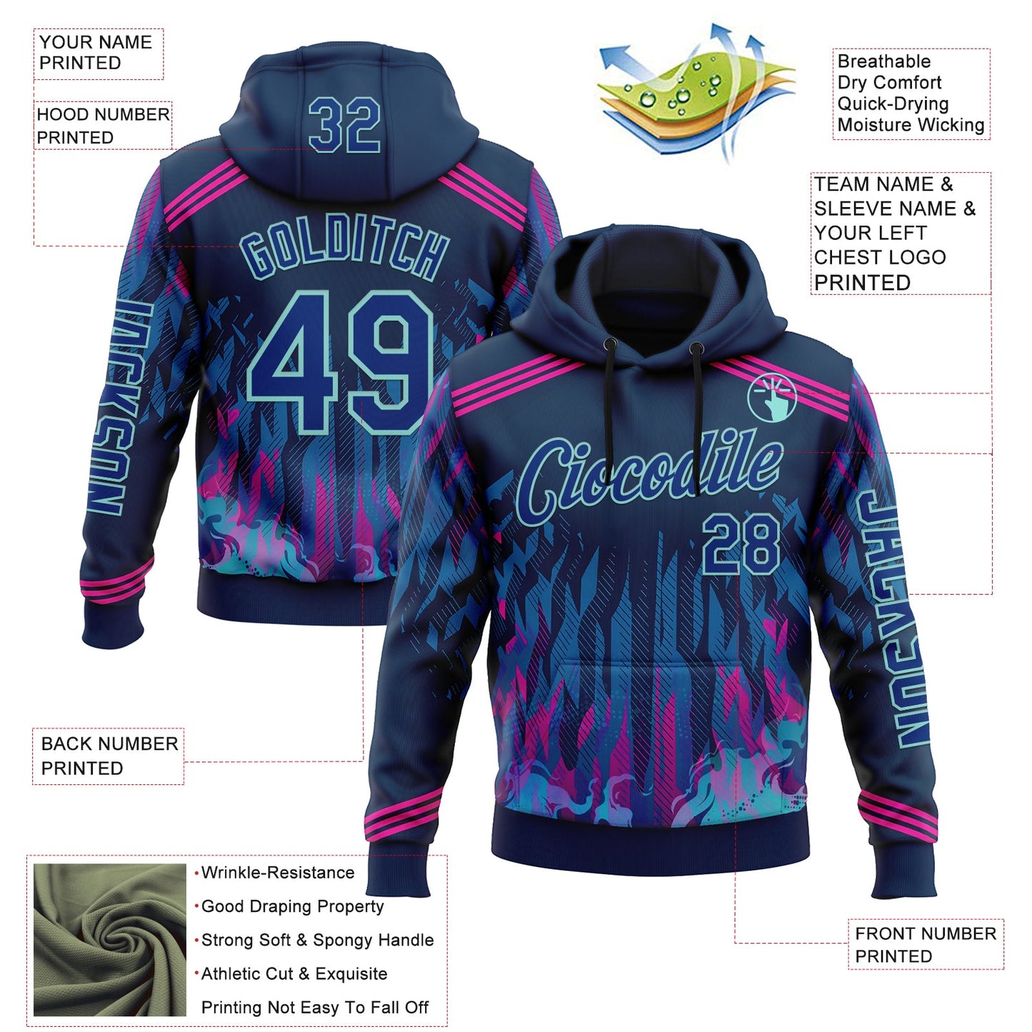Custom Blue Royal Pink-Ice Blue 3D Abstract Flame Sports Pullover Sweatshirt Hoodie view 2