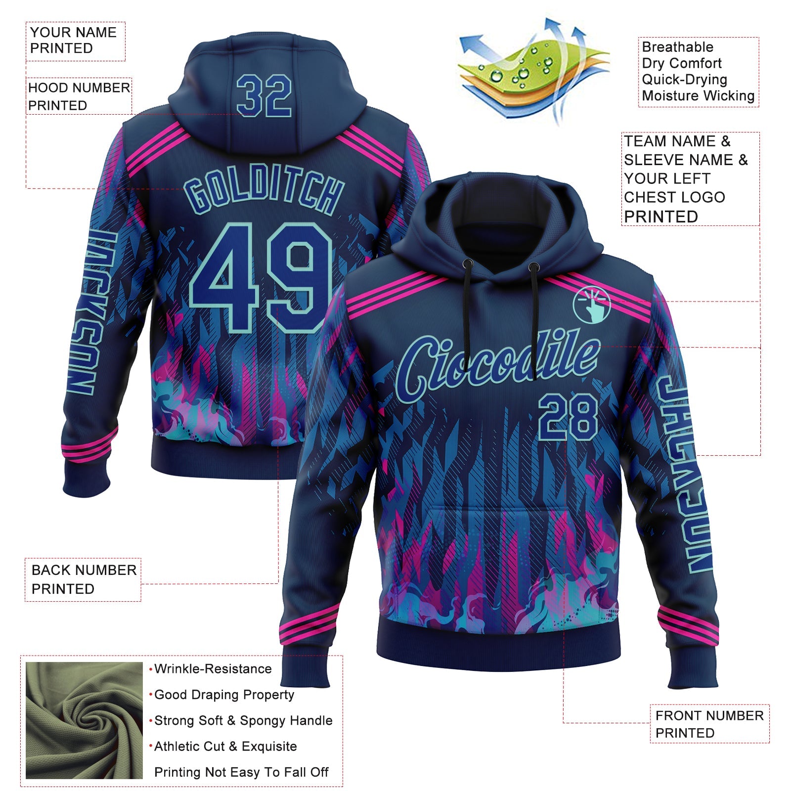 Custom Blue Royal Pink-Ice Blue 3D Abstract Flame Sports Pullover Sweatshirt Hoodie view 2