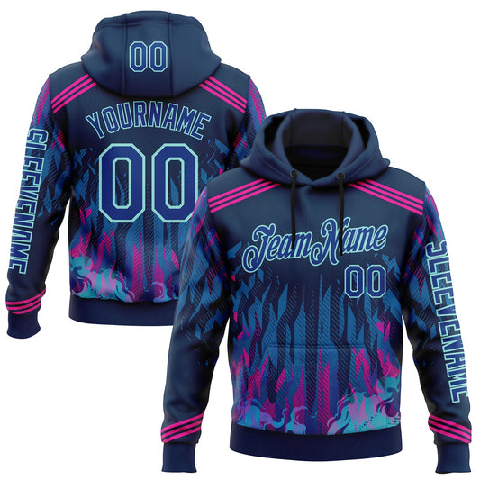 Custom Blue Royal Pink-Ice Blue 3D Abstract Flame Sports Pullover Sweatshirt Hoodie - Main View