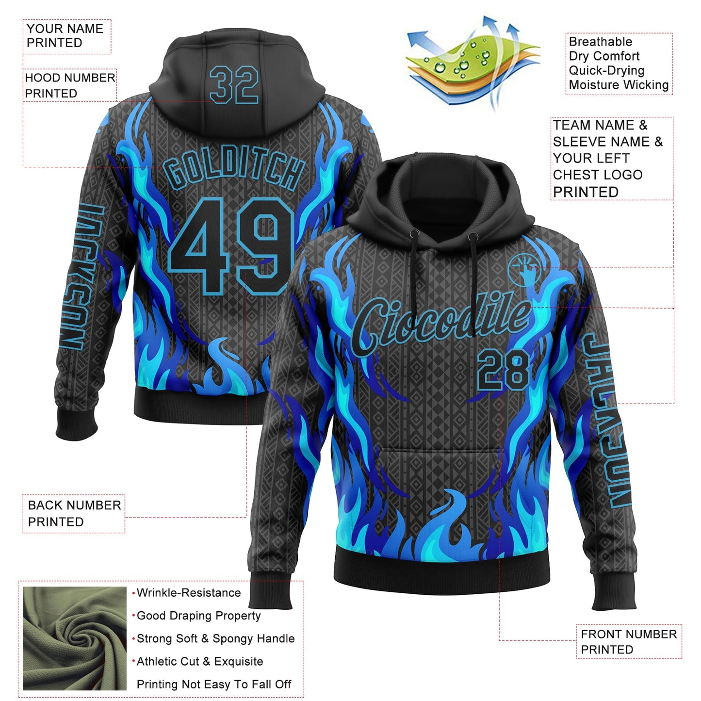 Custom Black Sky Blue 3D Abstract Flame Sports Pullover Sweatshirt Hoodie view 2