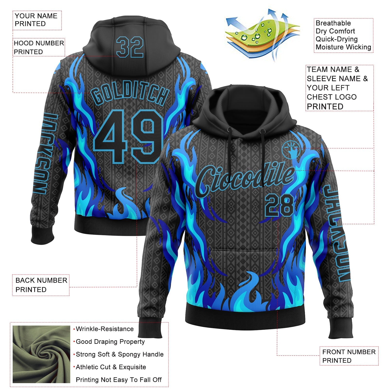 Custom Black Sky Blue 3D Abstract Flame Sports Pullover Sweatshirt Hoodie view 2