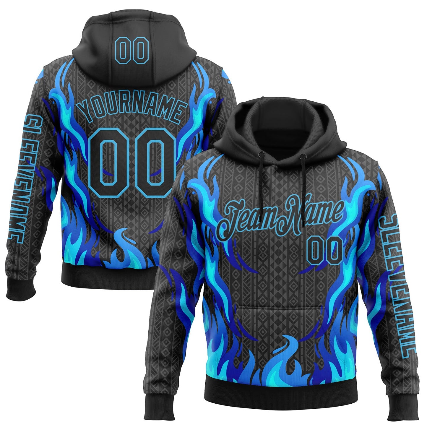 Custom Black Sky Blue 3D Abstract Flame Sports Pullover Sweatshirt Hoodie - Main View