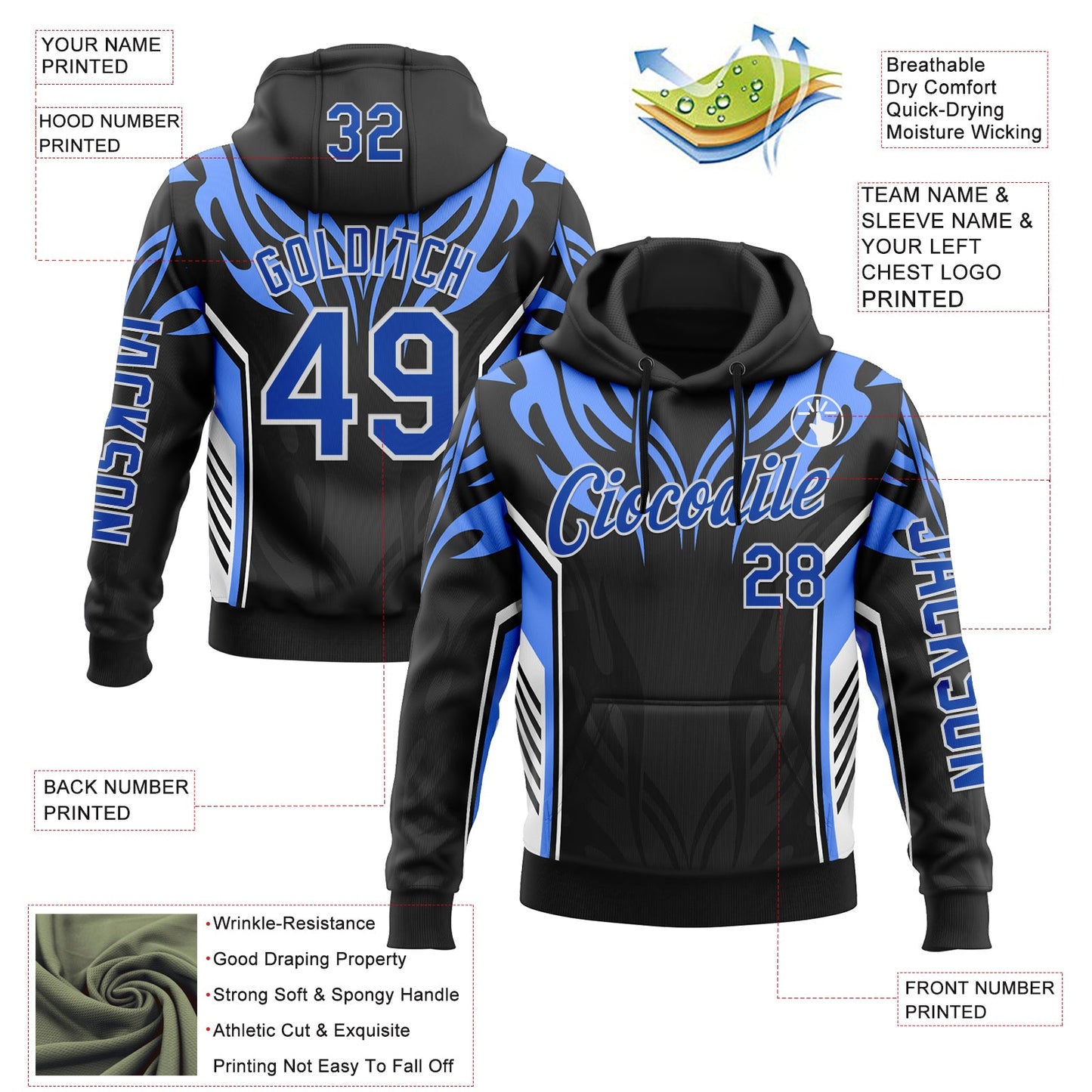 Custom Black Thunder Blue-White 3D Abstract Flame Sports Pullover Sweatshirt Hoodie view 2