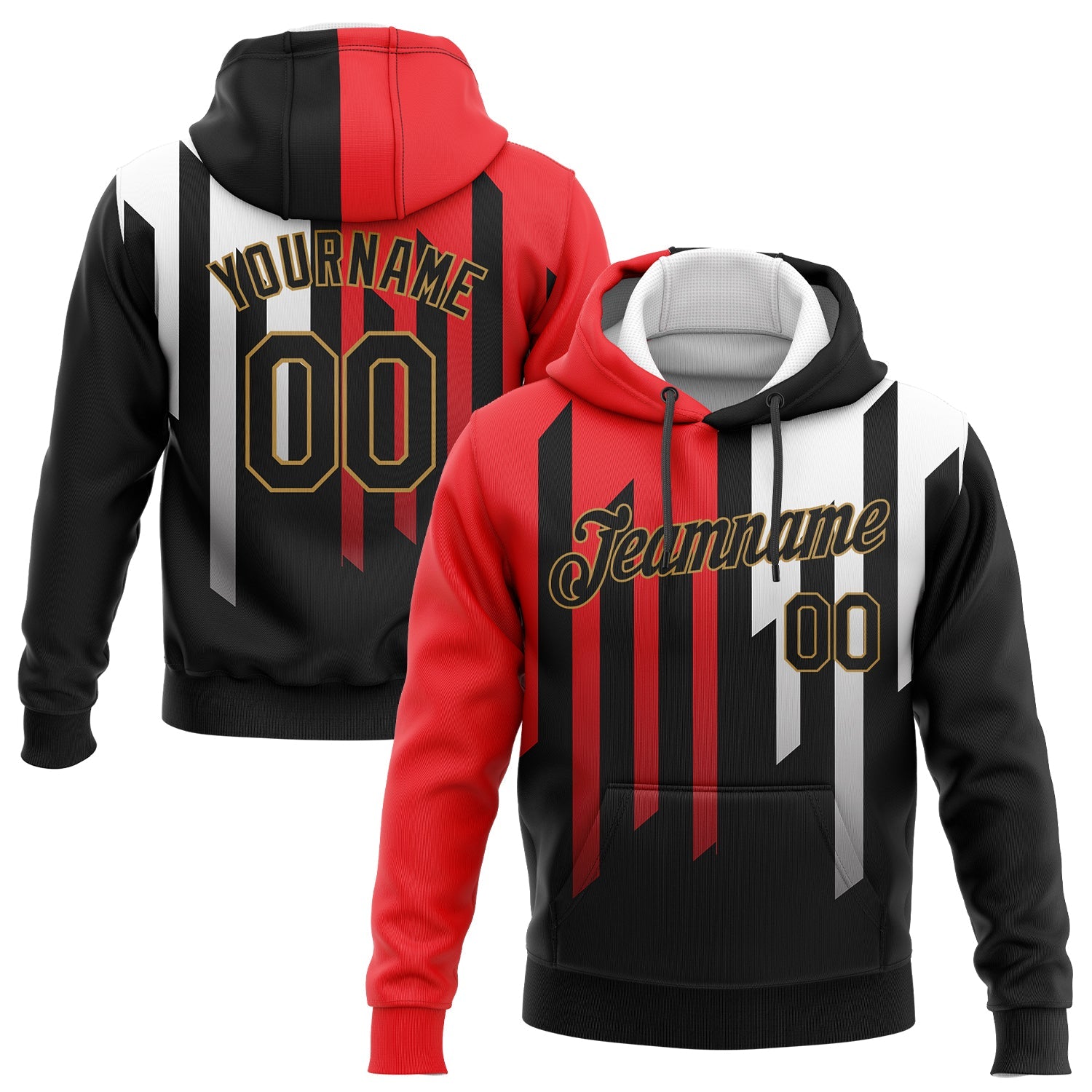 Custom Stitched Red Black Old Gold-White 3D Pattern Design Sports Pullover Sweatshirt Hoodie - Main View