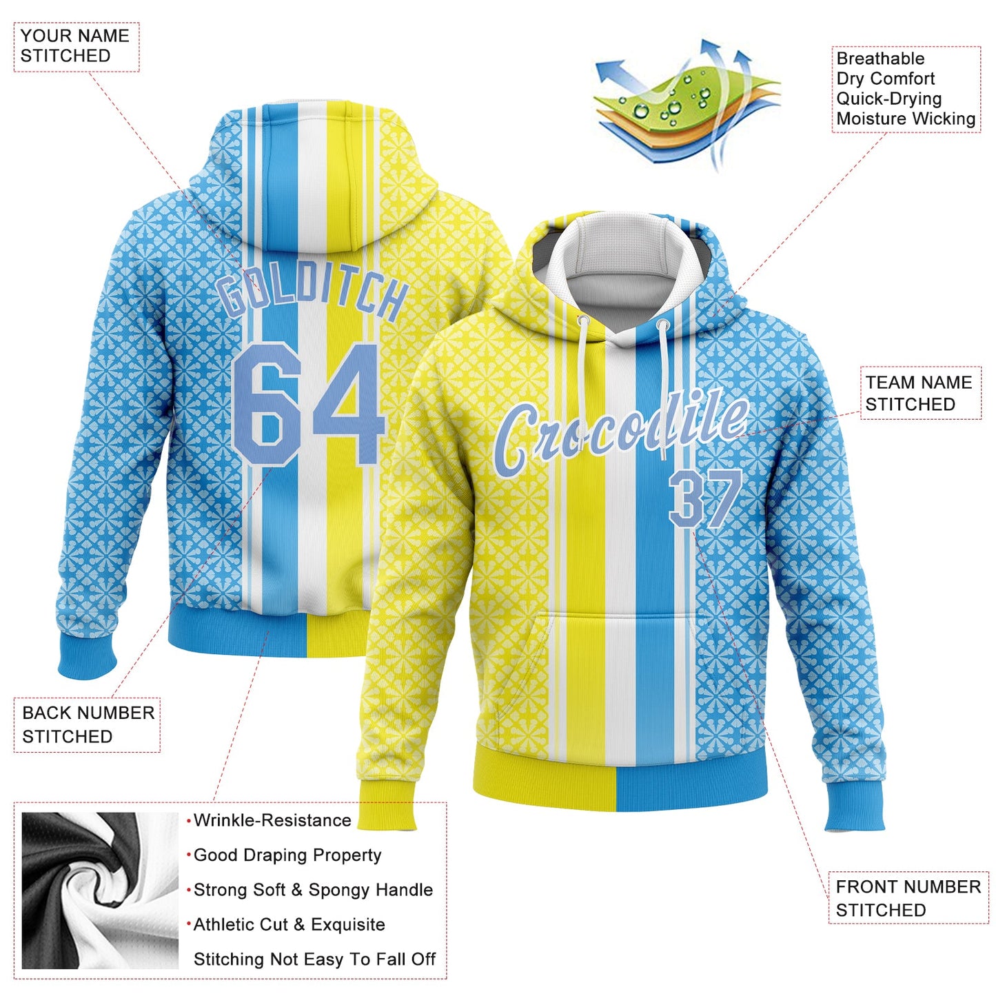 Custom Stitched Gold Light Blue-White 3D Pattern Design Sports Pullover Sweatshirt Hoodie view 2