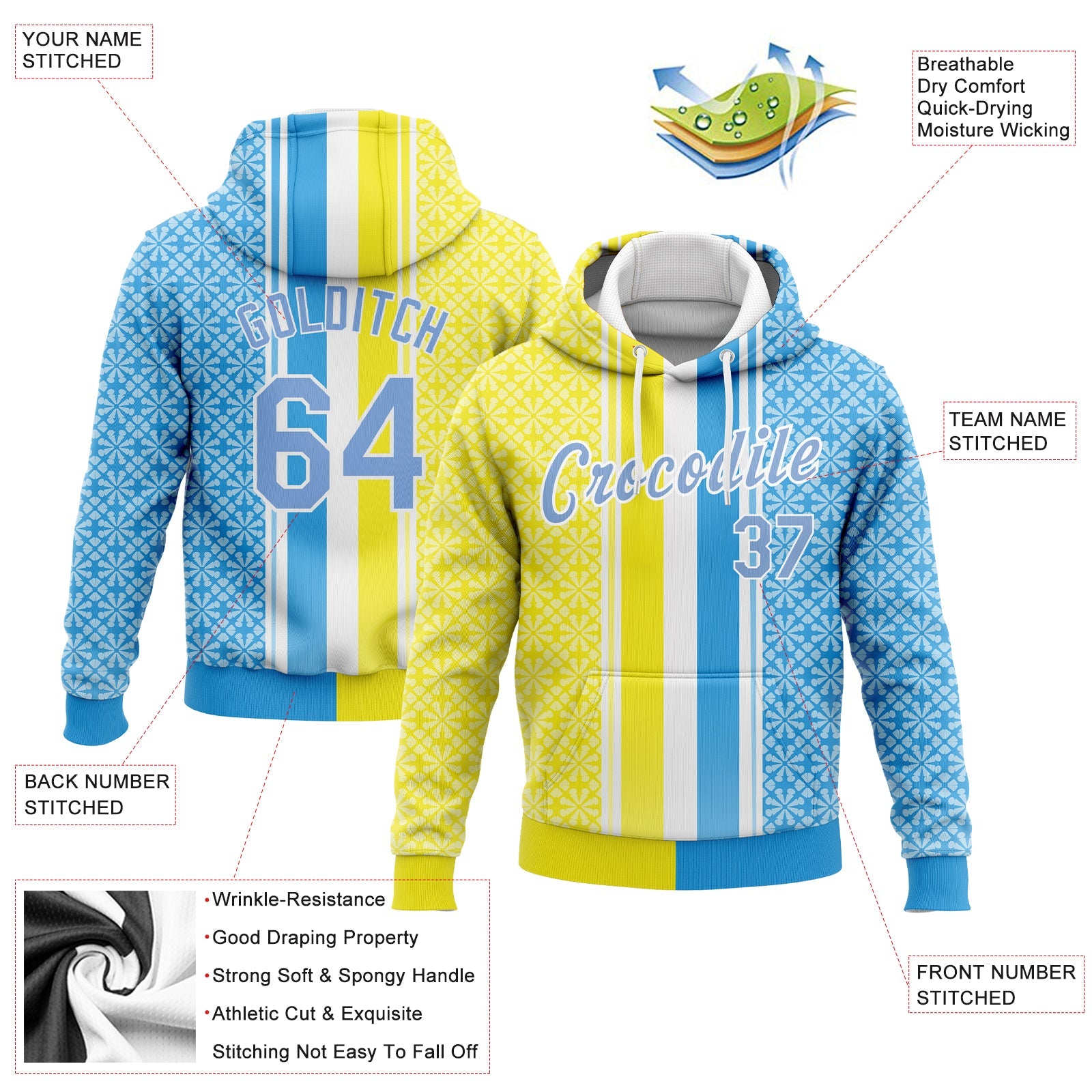 Custom Stitched Gold Light Blue-White 3D Pattern Design Sports Pullover Sweatshirt Hoodie view 2