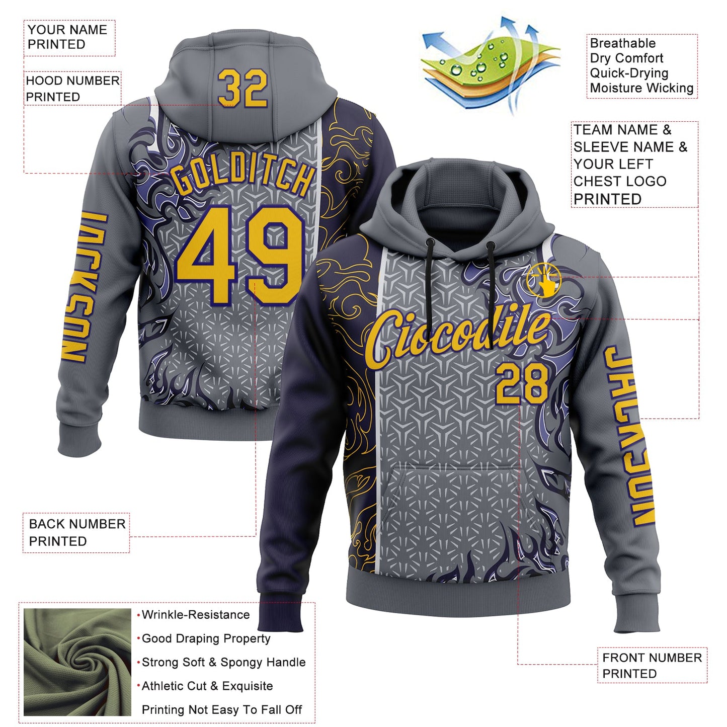 Custom Gray Yellow-Dark Purple 3D Abstract Flame Sports Pullover Sweatshirt Hoodie view 2