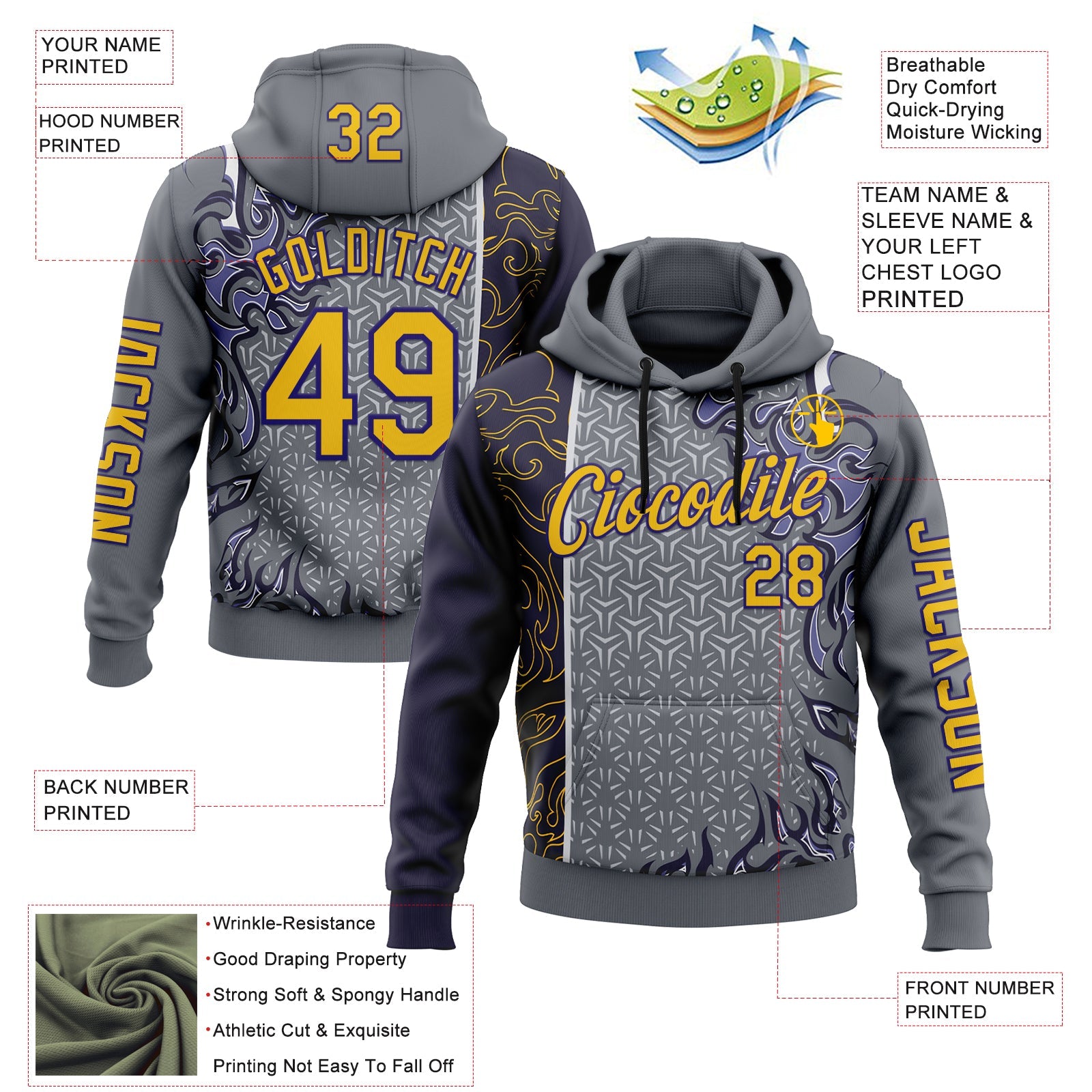Custom Gray Yellow-Dark Purple 3D Abstract Flame Sports Pullover Sweatshirt Hoodie view 2