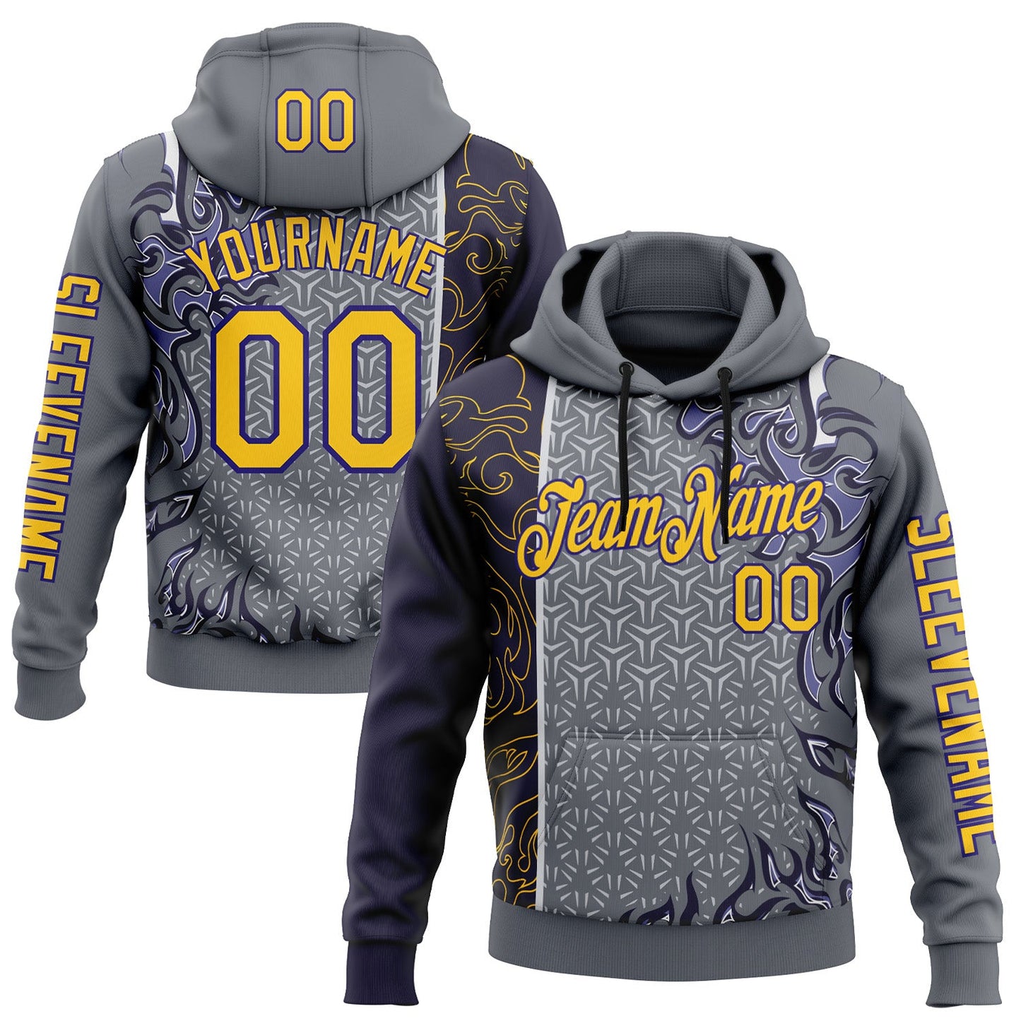 Custom Gray Yellow-Dark Purple 3D Abstract Flame Sports Pullover Sweatshirt Hoodie - Main View