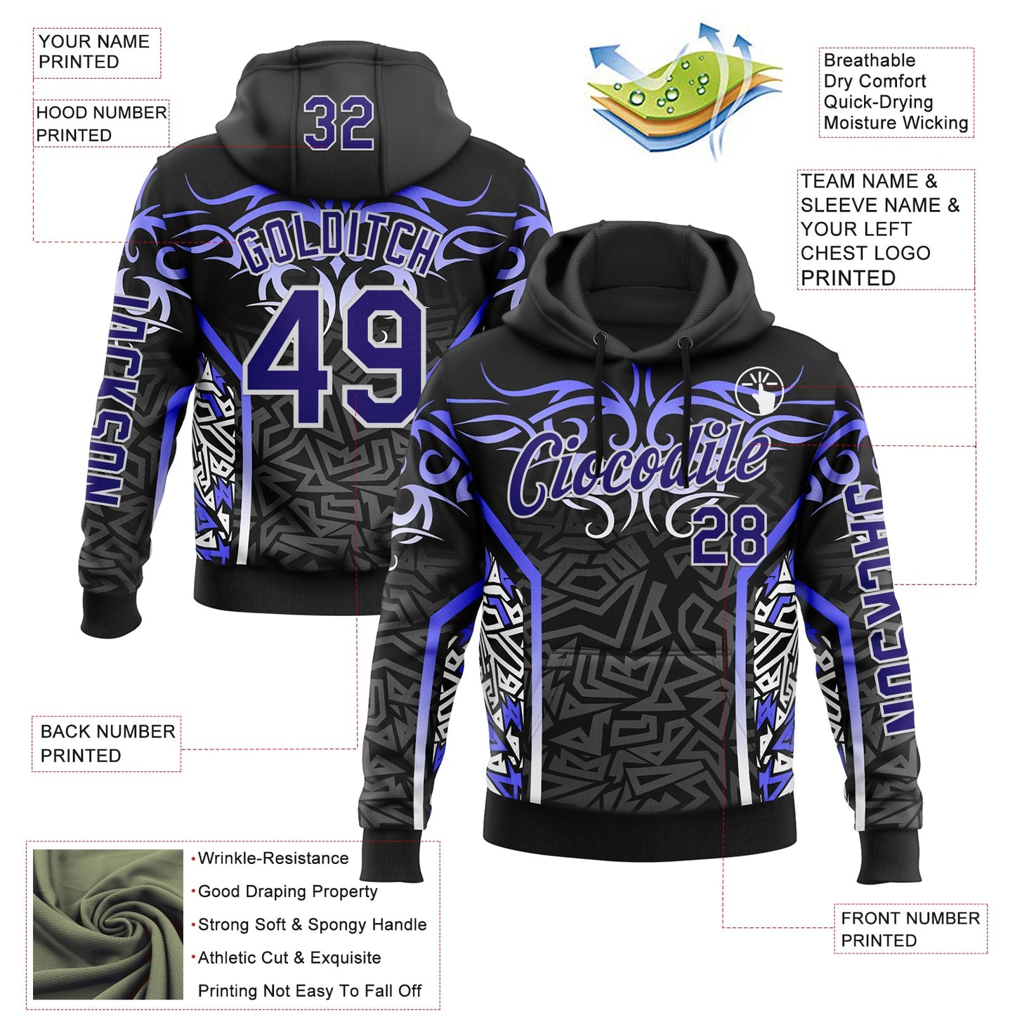 Custom Black Dark Purple Gray-White 3D Abstract Flame Sports Pullover Sweatshirt Hoodie view 2