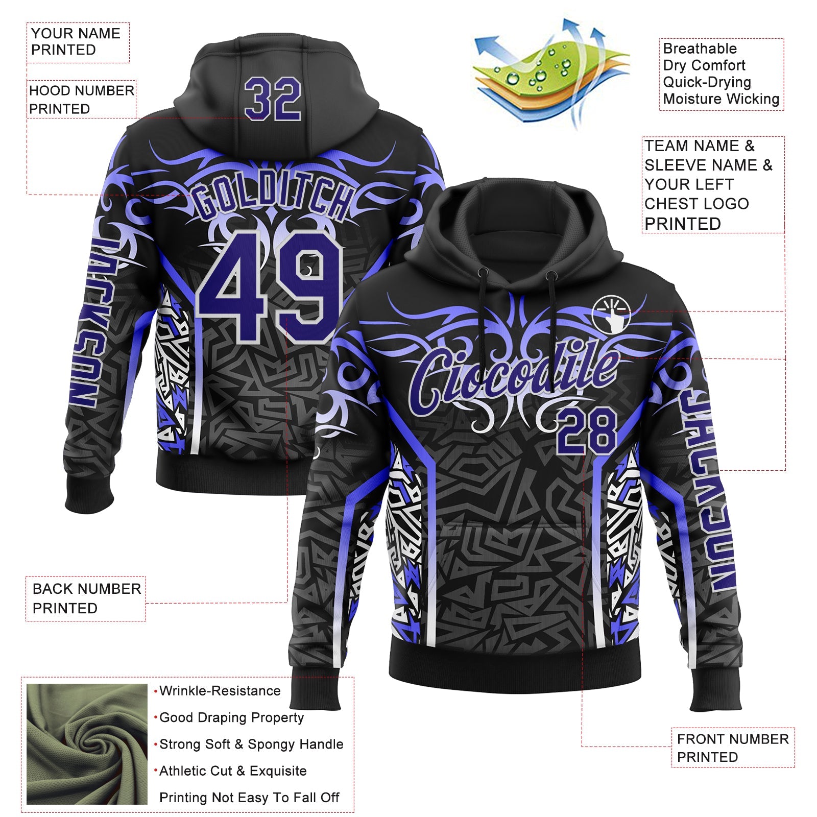 Custom Black Dark Purple Gray-White 3D Abstract Flame Sports Pullover Sweatshirt Hoodie view 2
