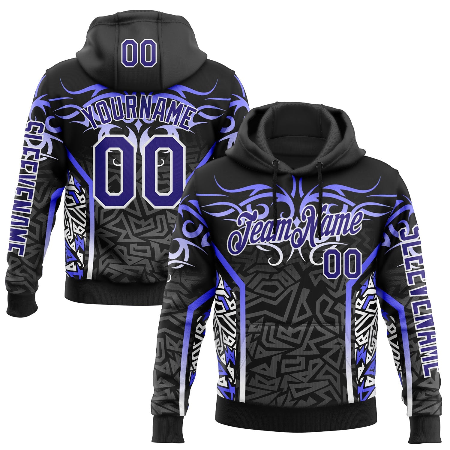 Custom Black Dark Purple Gray-White 3D Abstract Flame Sports Pullover Sweatshirt Hoodie - Main View