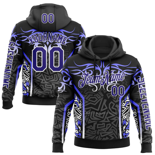 Custom Black Dark Purple Gray-White 3D Abstract Flame Sports Pullover Sweatshirt Hoodie - Main View