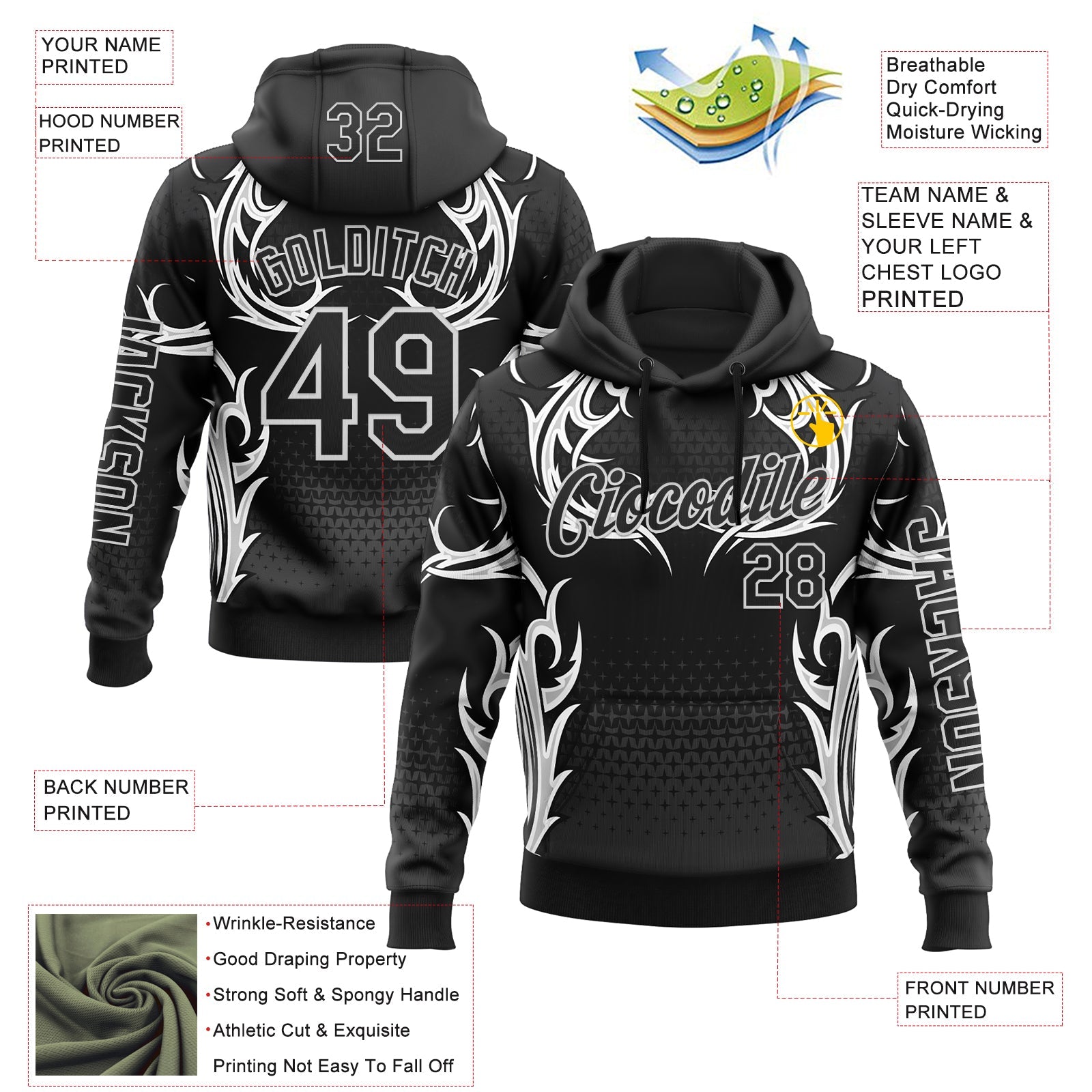 Custom Black White 3D Abstract Flame Sports Pullover Sweatshirt Hoodie view 2