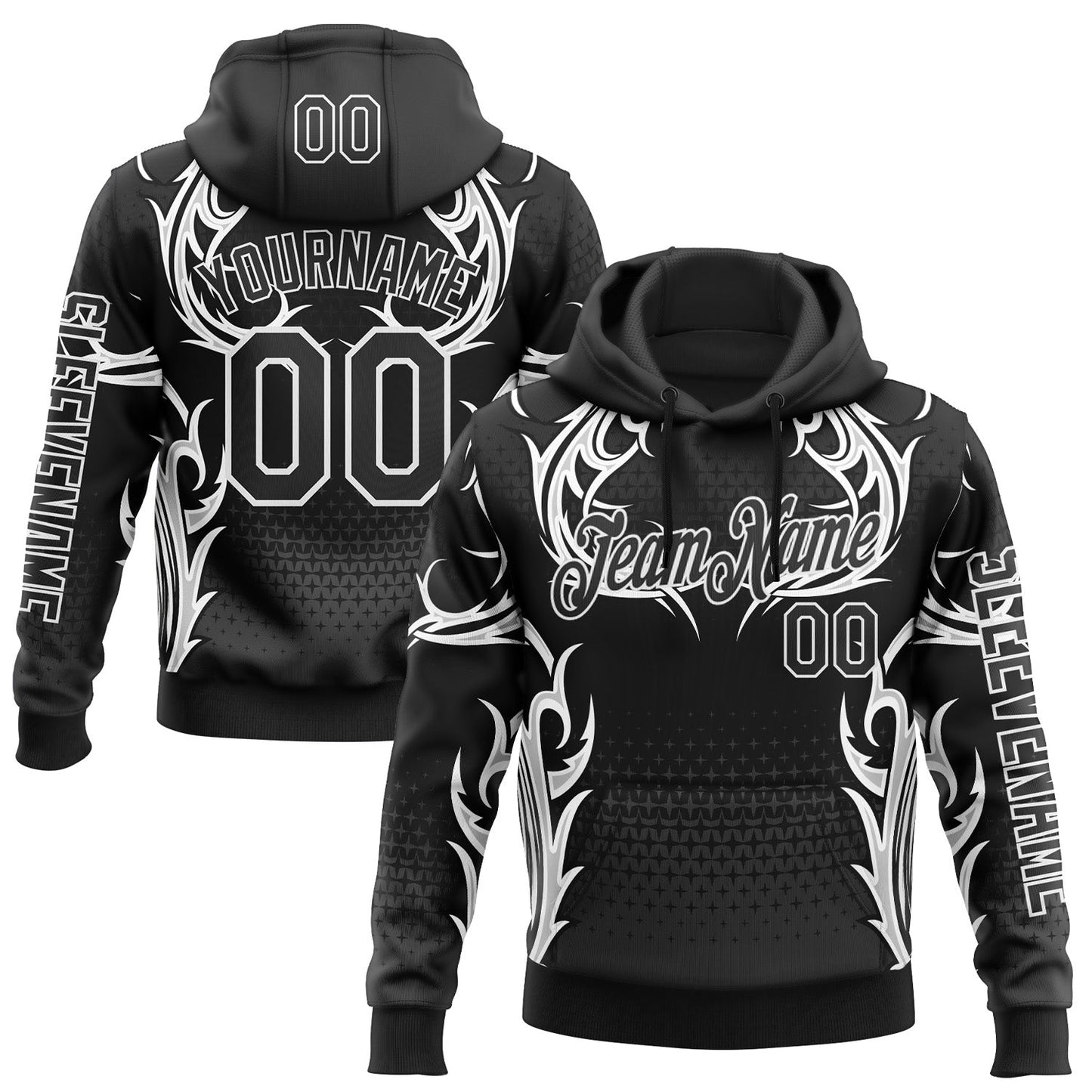 Custom Black White 3D Abstract Flame Sports Pullover Sweatshirt Hoodie - Main View