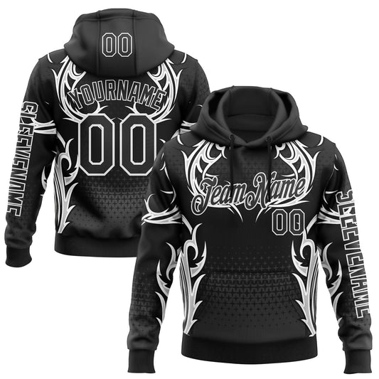 Custom Black White 3D Abstract Flame Sports Pullover Sweatshirt Hoodie - Main View