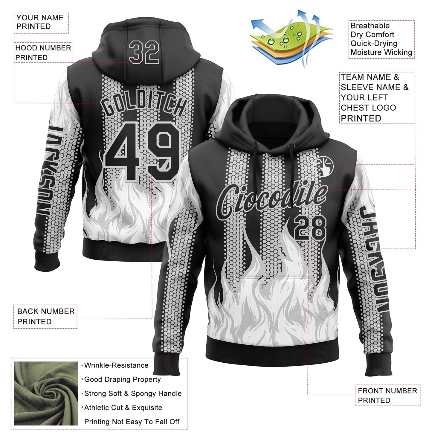Custom Black White 3D Abstract Flame Sports Pullover Sweatshirt Hoodie view 2