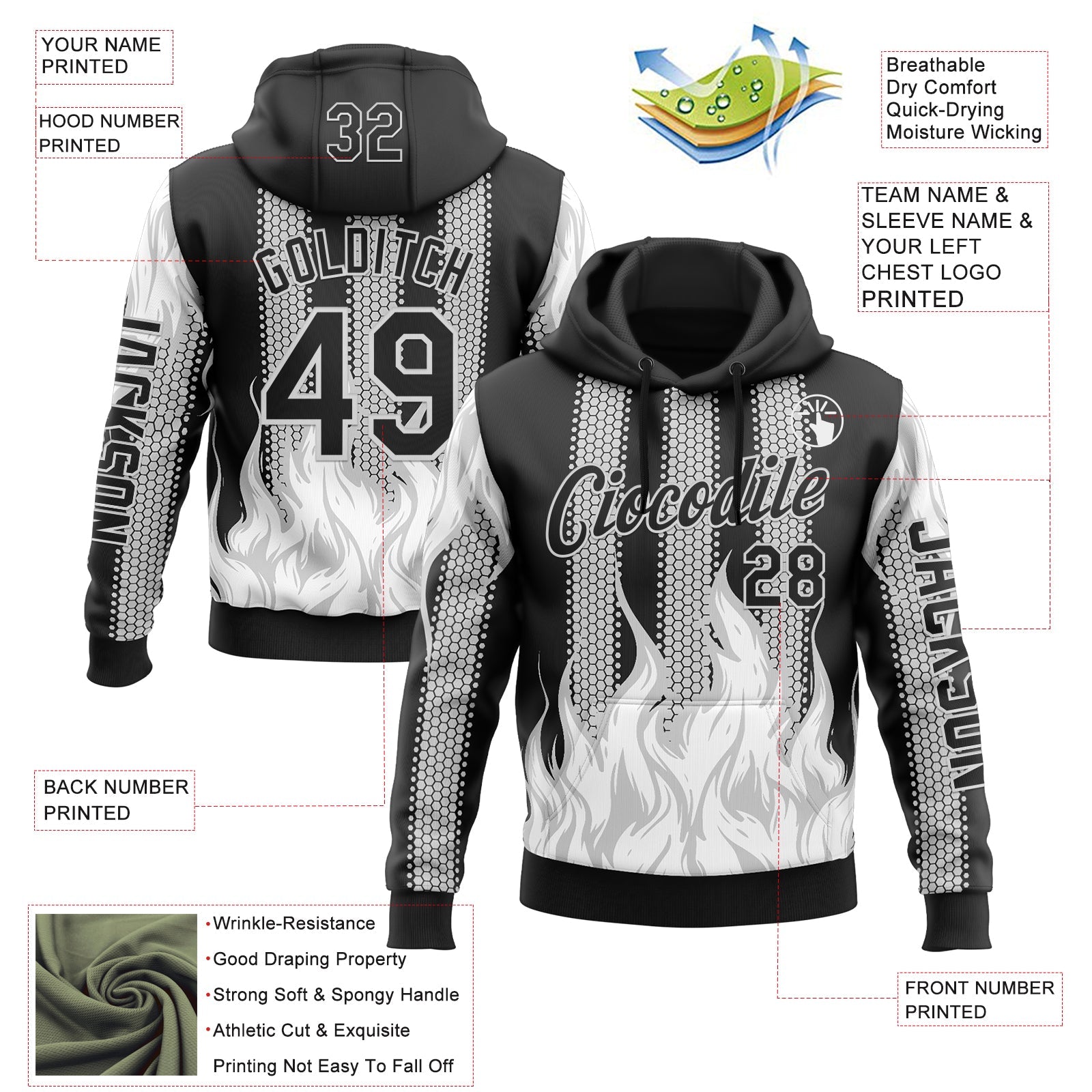 Custom Black White 3D Abstract Flame Sports Pullover Sweatshirt Hoodie view 2