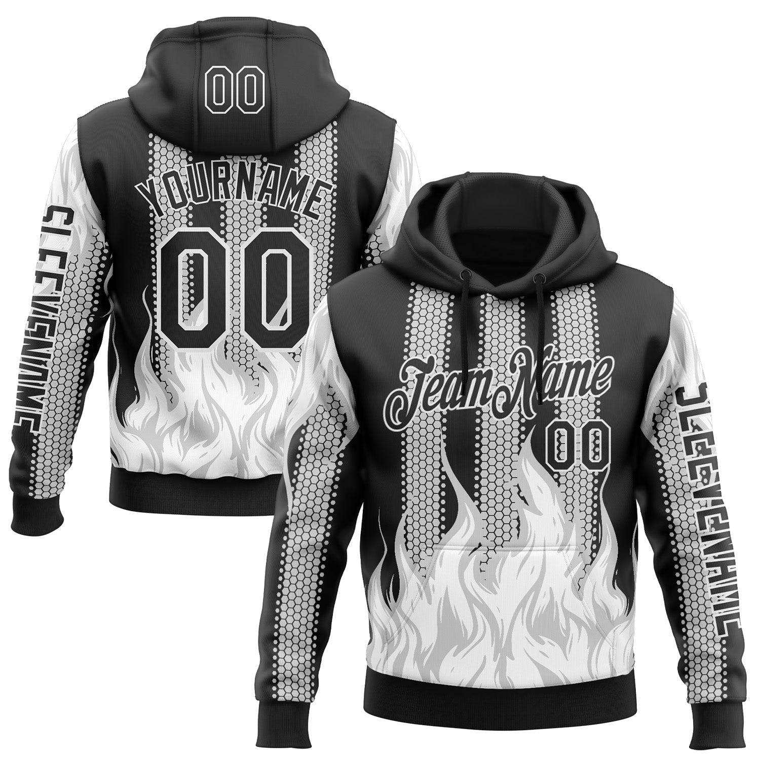 Custom Black White 3D Abstract Flame Sports Pullover Sweatshirt Hoodie - Main View