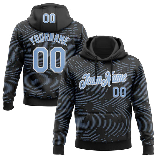 Custom Stitched Black Light Blue-White Curve Lines Sports Pullover Sweatshirt Hoodie - Main View