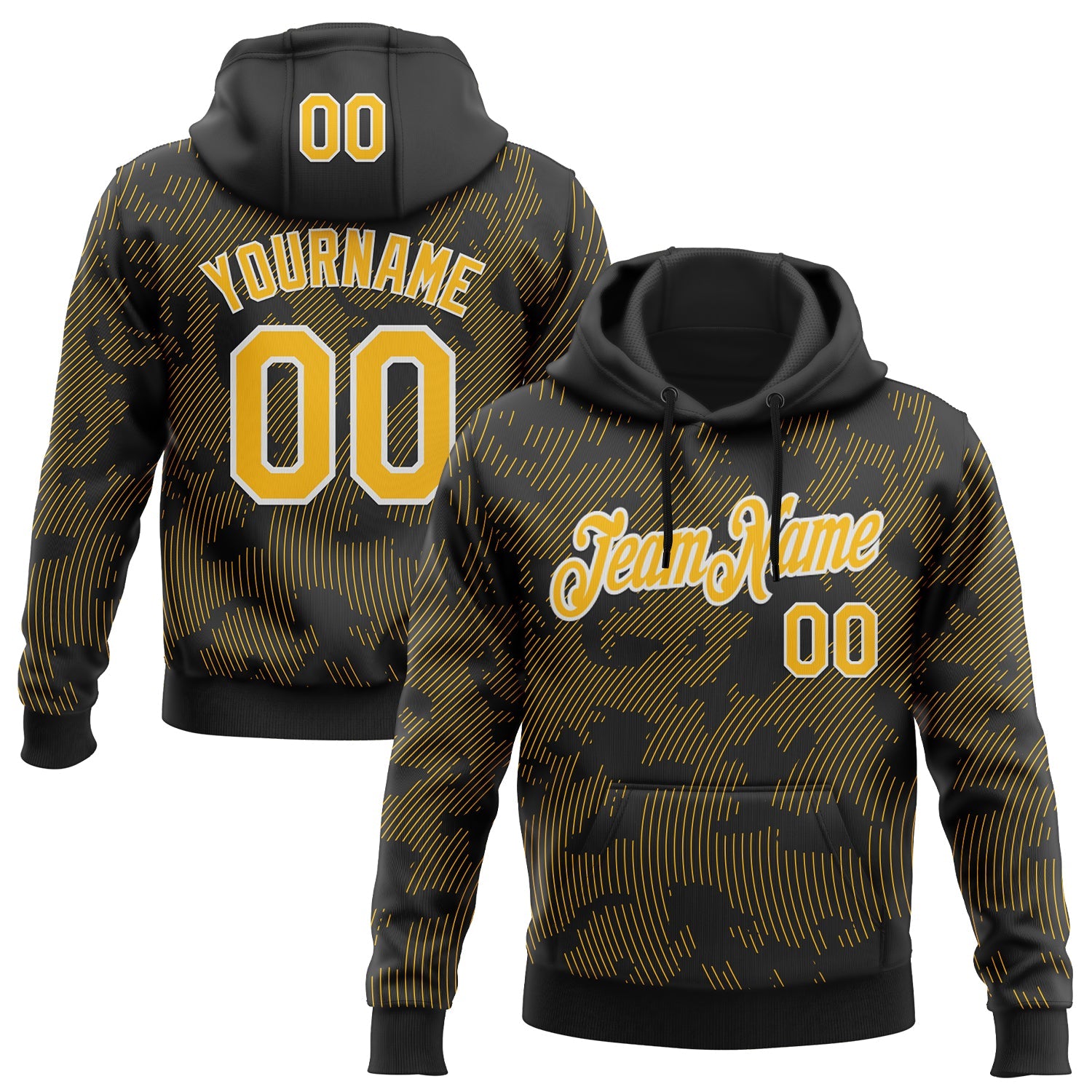Custom Stitched Black Gold-White Curve Lines Sports Pullover Sweatshirt Hoodie - Main View