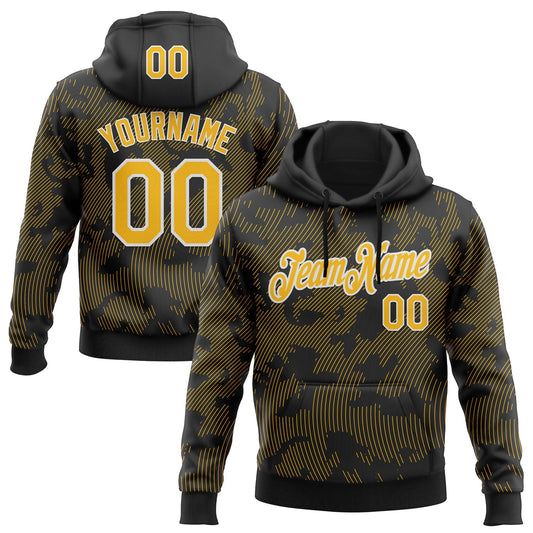 Custom Stitched Black Gold-White Curve Lines Sports Pullover Sweatshirt Hoodie - Main View