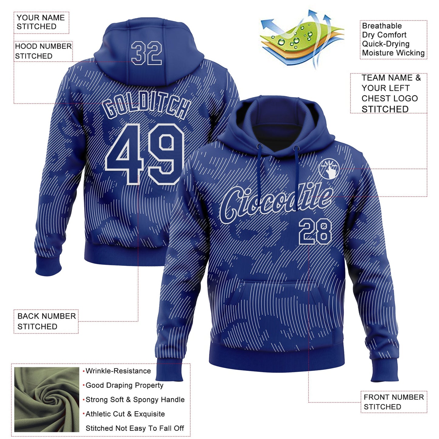 Custom Stitched Royal White Curve Lines Sports Pullover Sweatshirt Hoodie view 4