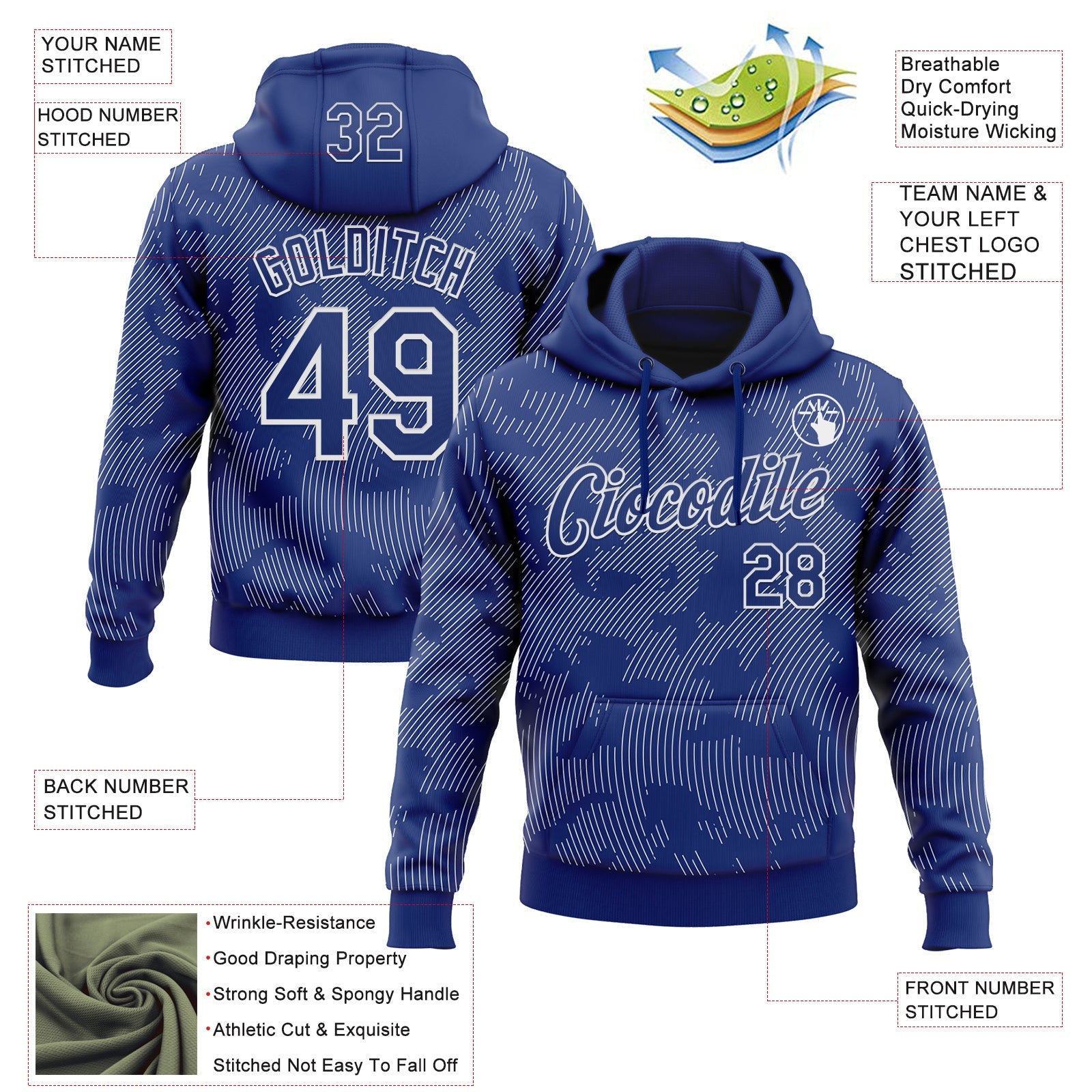 Custom Stitched Royal White Curve Lines Sports Pullover Sweatshirt Hoodie view 4