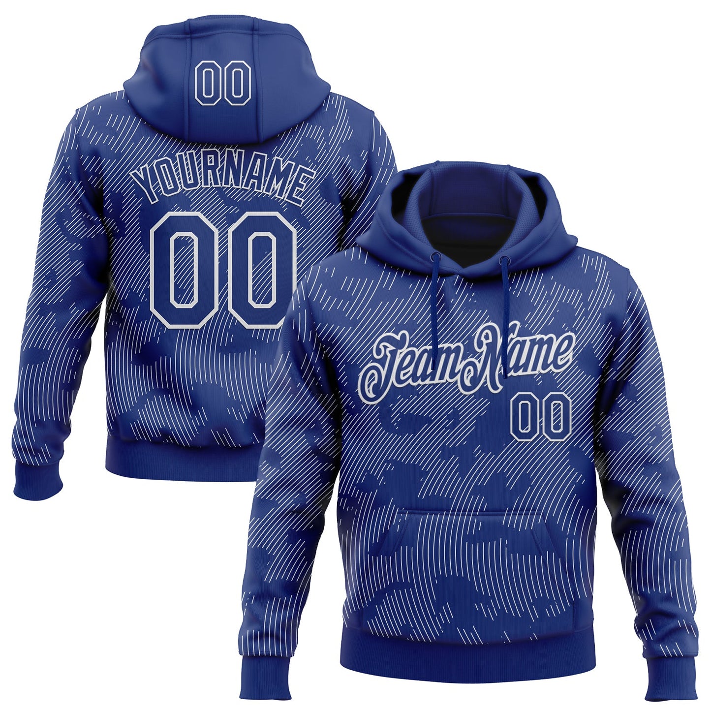 Custom Stitched Royal White Curve Lines Sports Pullover Sweatshirt Hoodie - Main View