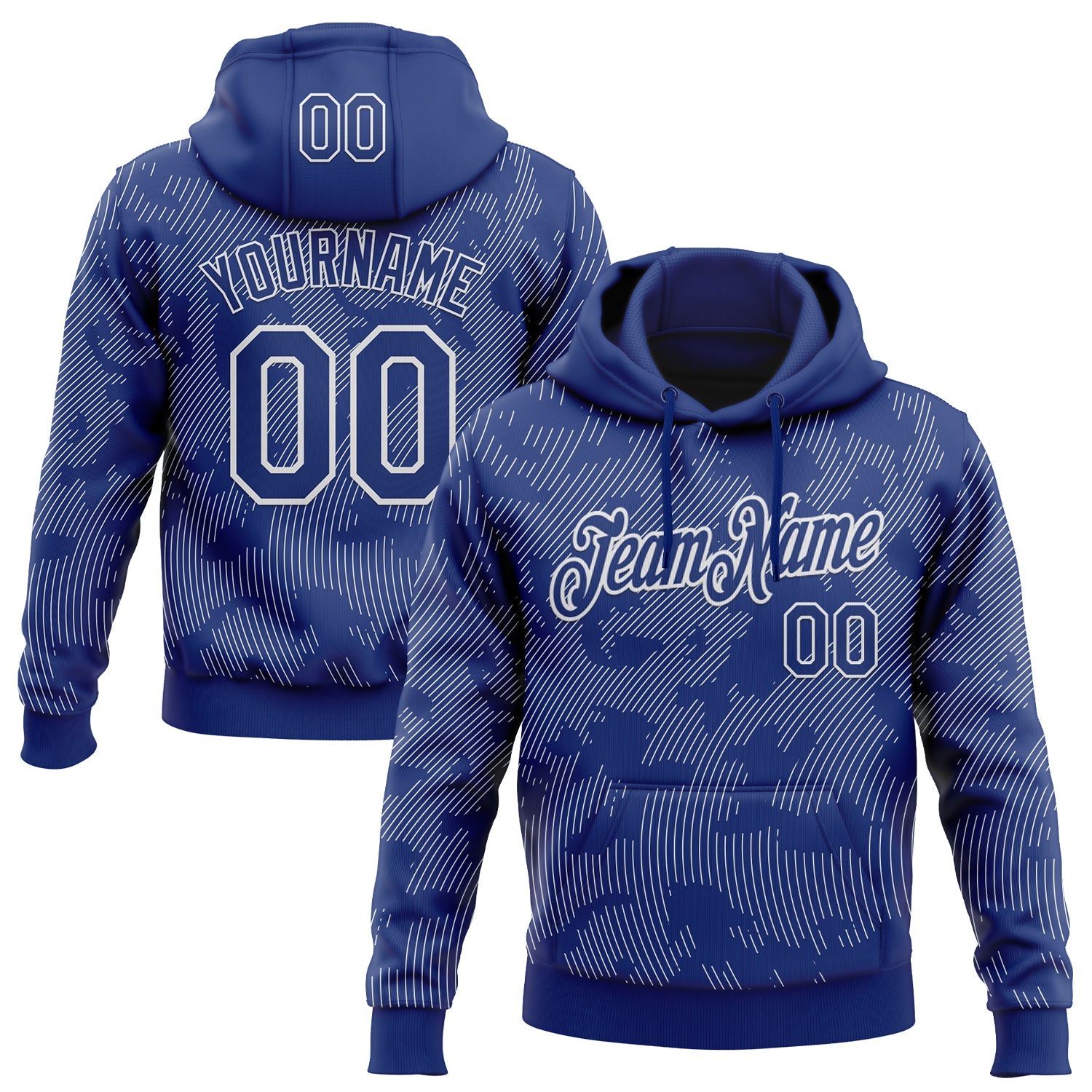 Custom Stitched Royal White Curve Lines Sports Pullover Sweatshirt Hoodie - Main View