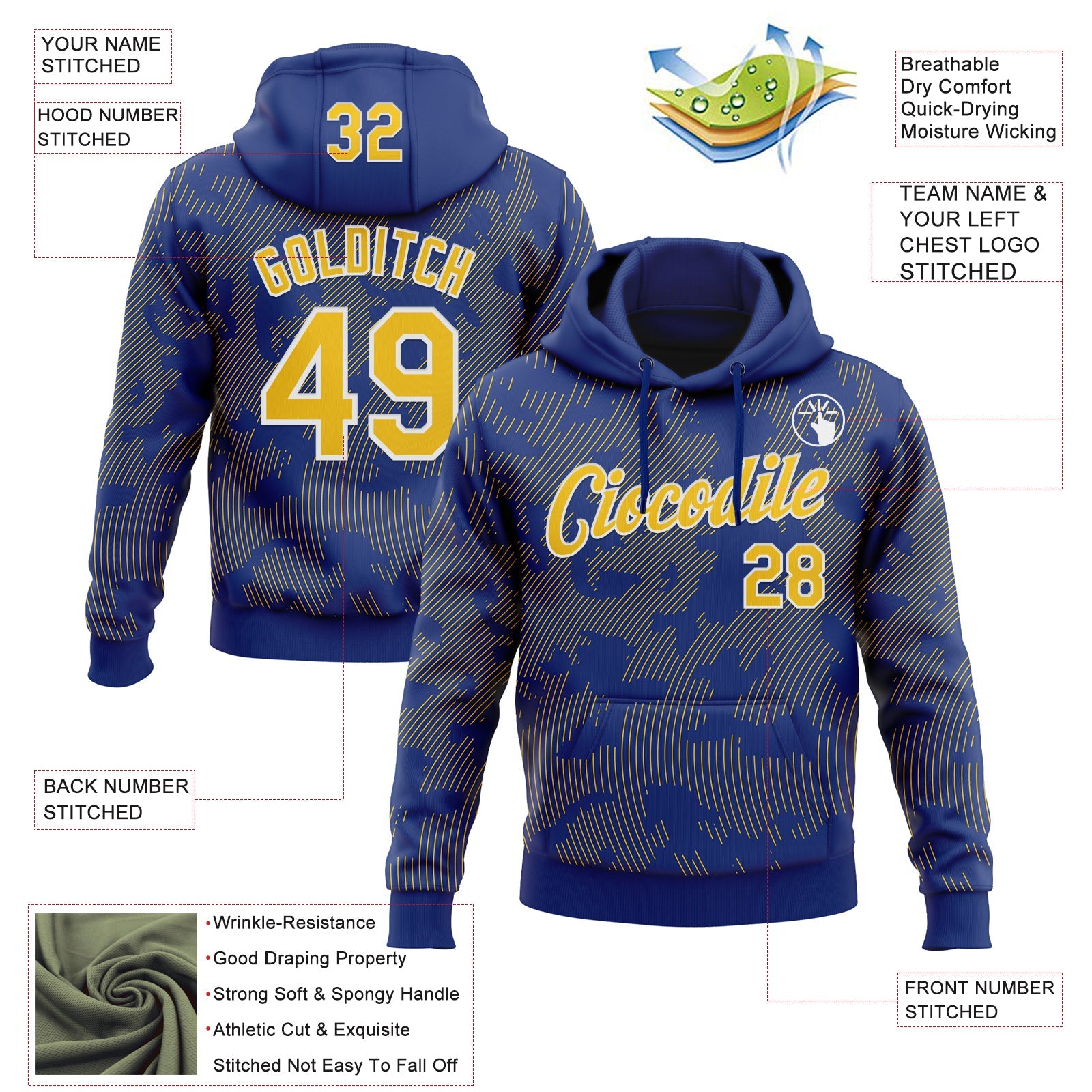 Custom Stitched Royal Yellow-White Curve Lines Sports Pullover Sweatshirt Hoodie view 4