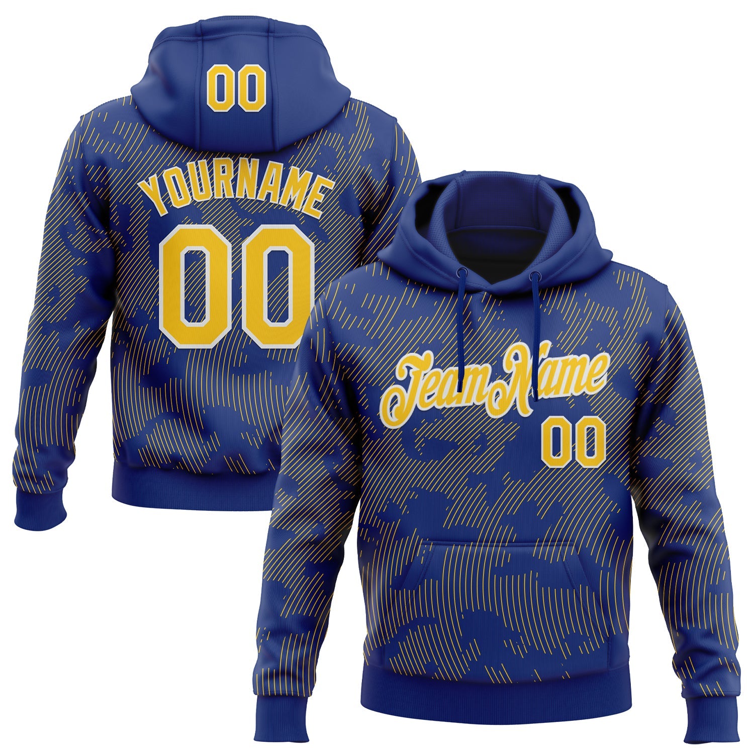 Custom Stitched Royal Yellow-White Curve Lines Sports Pullover Sweatshirt Hoodie - Main View