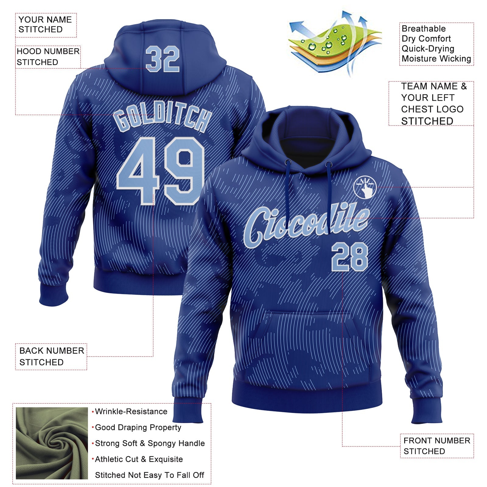 Custom Stitched Royal Light Blue-White Curve Lines Sports Pullover Sweatshirt Hoodie view 4