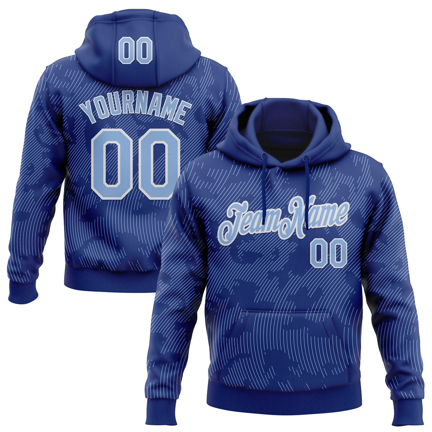 Custom Stitched Royal Light Blue-White Curve Lines Sports Pullover Sweatshirt Hoodie - Main View