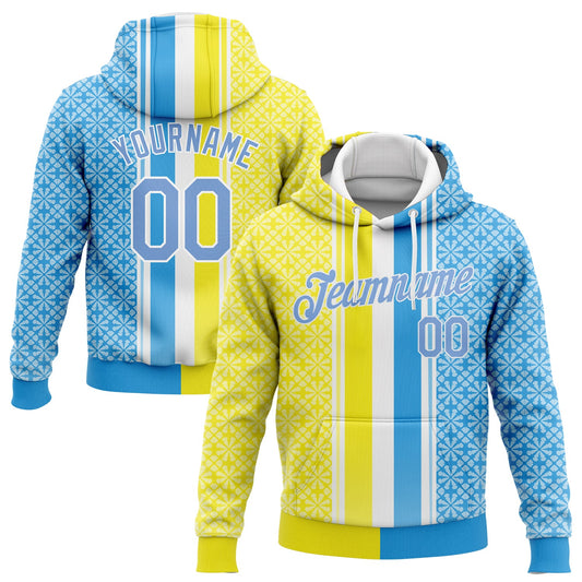 Custom Stitched Gold Light Blue-White 3D Pattern Design Sports Pullover Sweatshirt Hoodie - Main View
