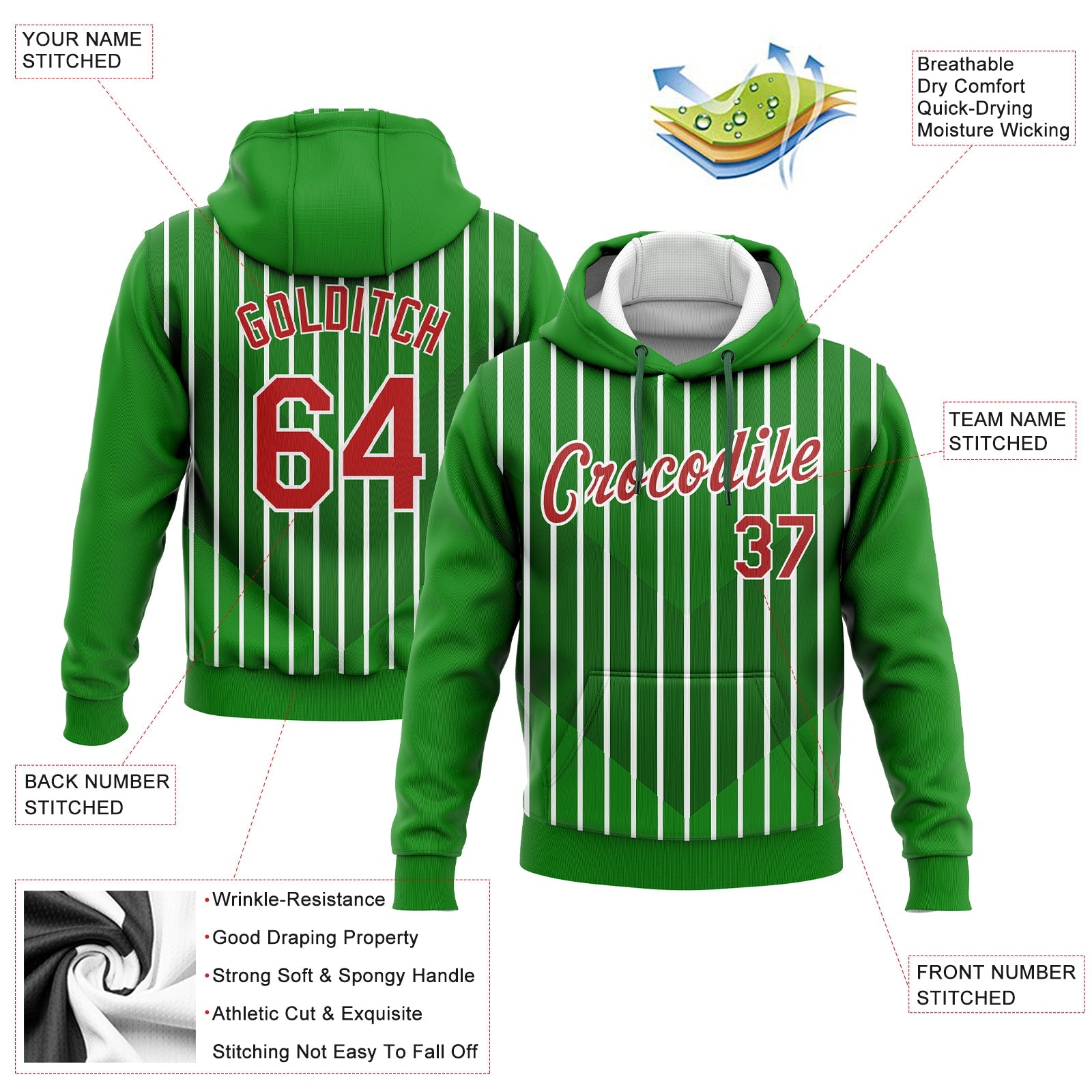 Custom Stitched Kelly Green Red Green-White 3D Pattern Design Sports Pullover Sweatshirt Hoodie view 2