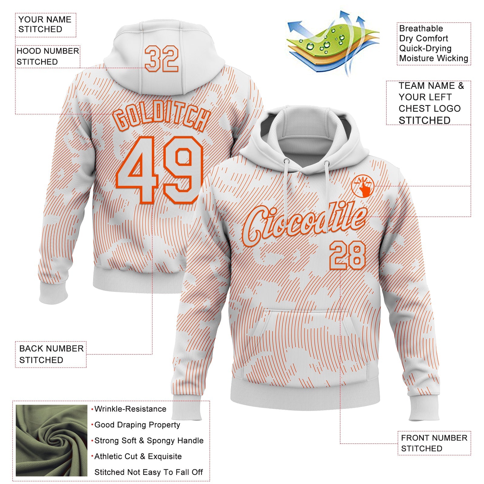 Custom Stitched White Orange Curve Lines Sports Pullover Sweatshirt Hoodie view 4