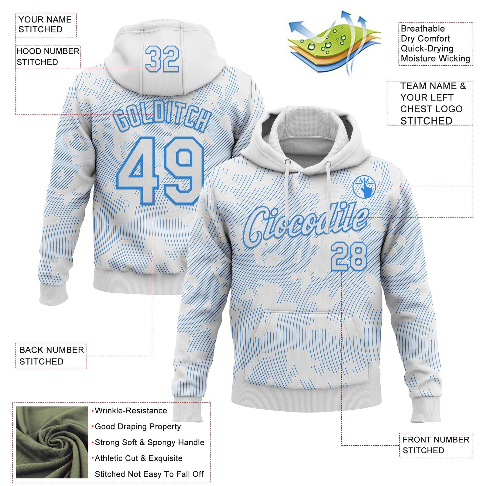 Custom Stitched White Powder Blue Curve Lines Sports Pullover Sweatshirt Hoodie view 4
