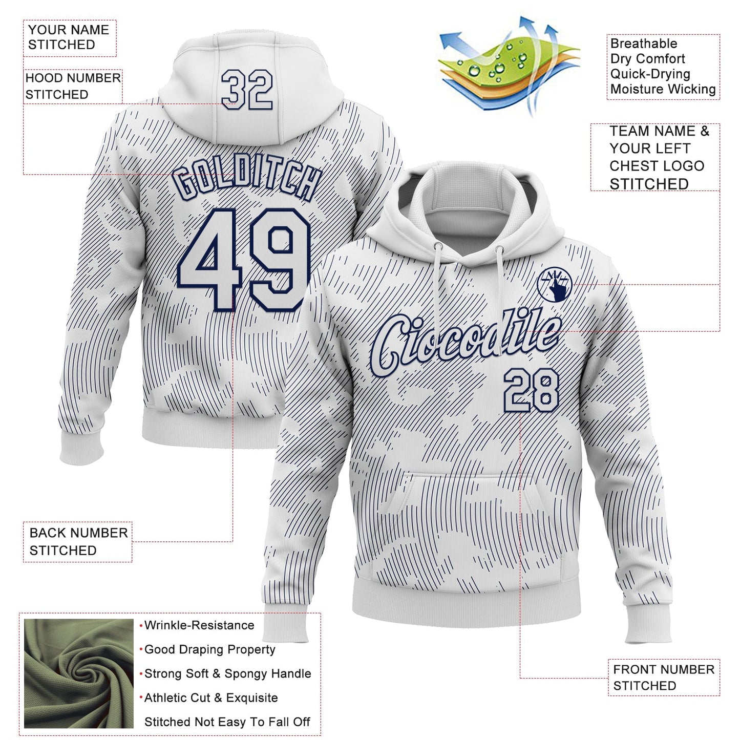 Custom Stitched White Navy Curve Lines Sports Pullover Sweatshirt Hoodie view 4