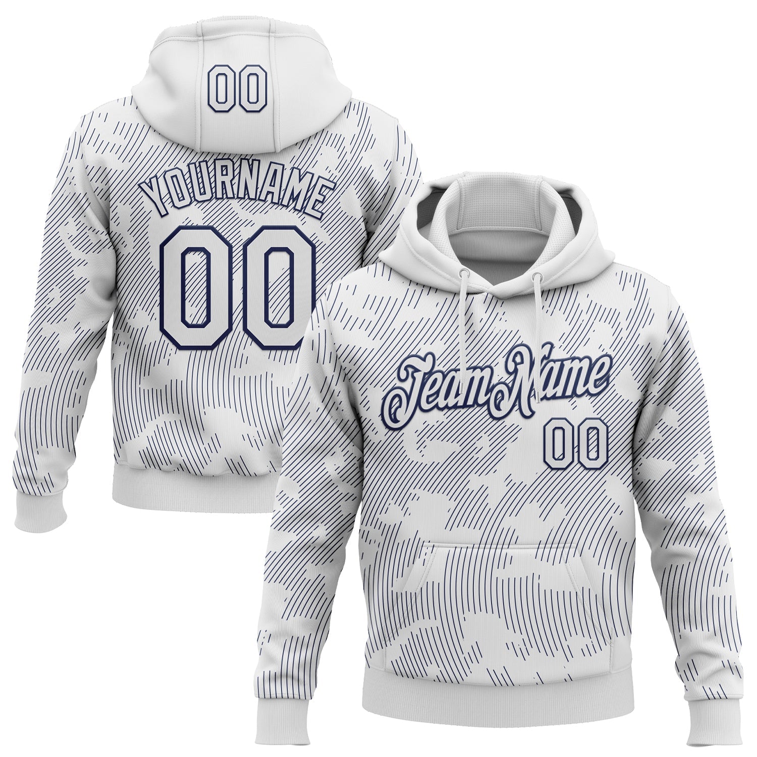 Custom Stitched White Navy Curve Lines Sports Pullover Sweatshirt Hoodie - Main View
